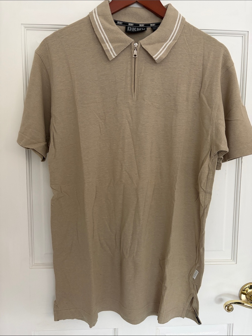 DKNY Men’s Tan Short-Sleeve Zip Polo with Striped Collar